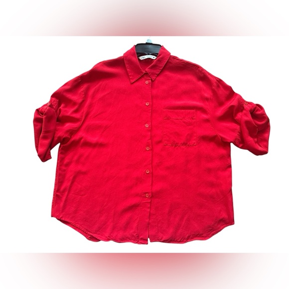 Zara Vibrant Red Button Down Shirt. Viscose/Lyocell blend. Size Medium. - Picture 6 of 14
